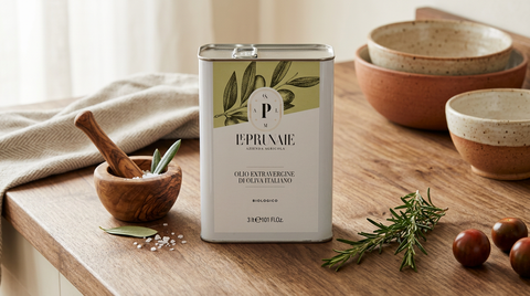 Latta da 3 litri di olio extravergine di oliva bio Pasta Zaccagni, raccolta 2025/26, in ambiente cucina.